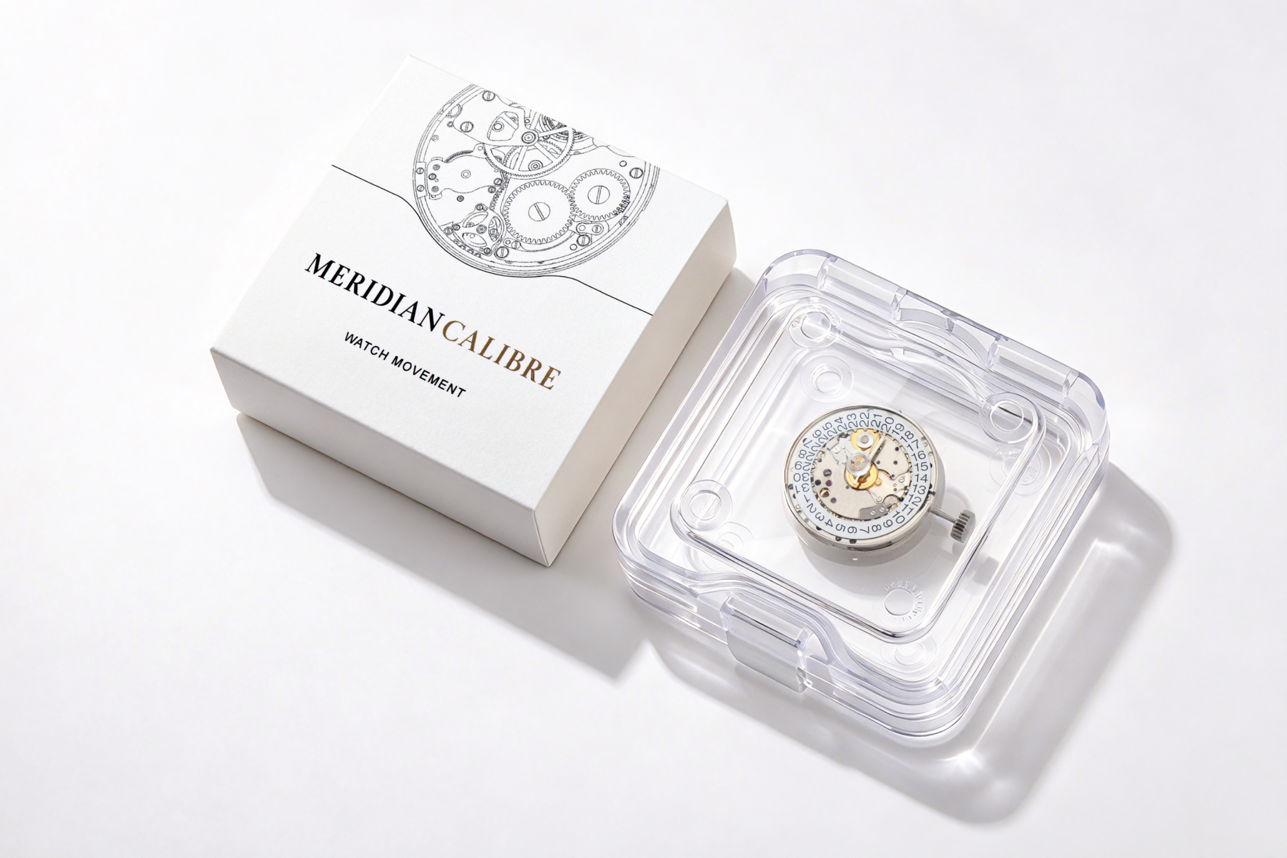 Meridian Calibre packaging with a branded box and protective movement holder